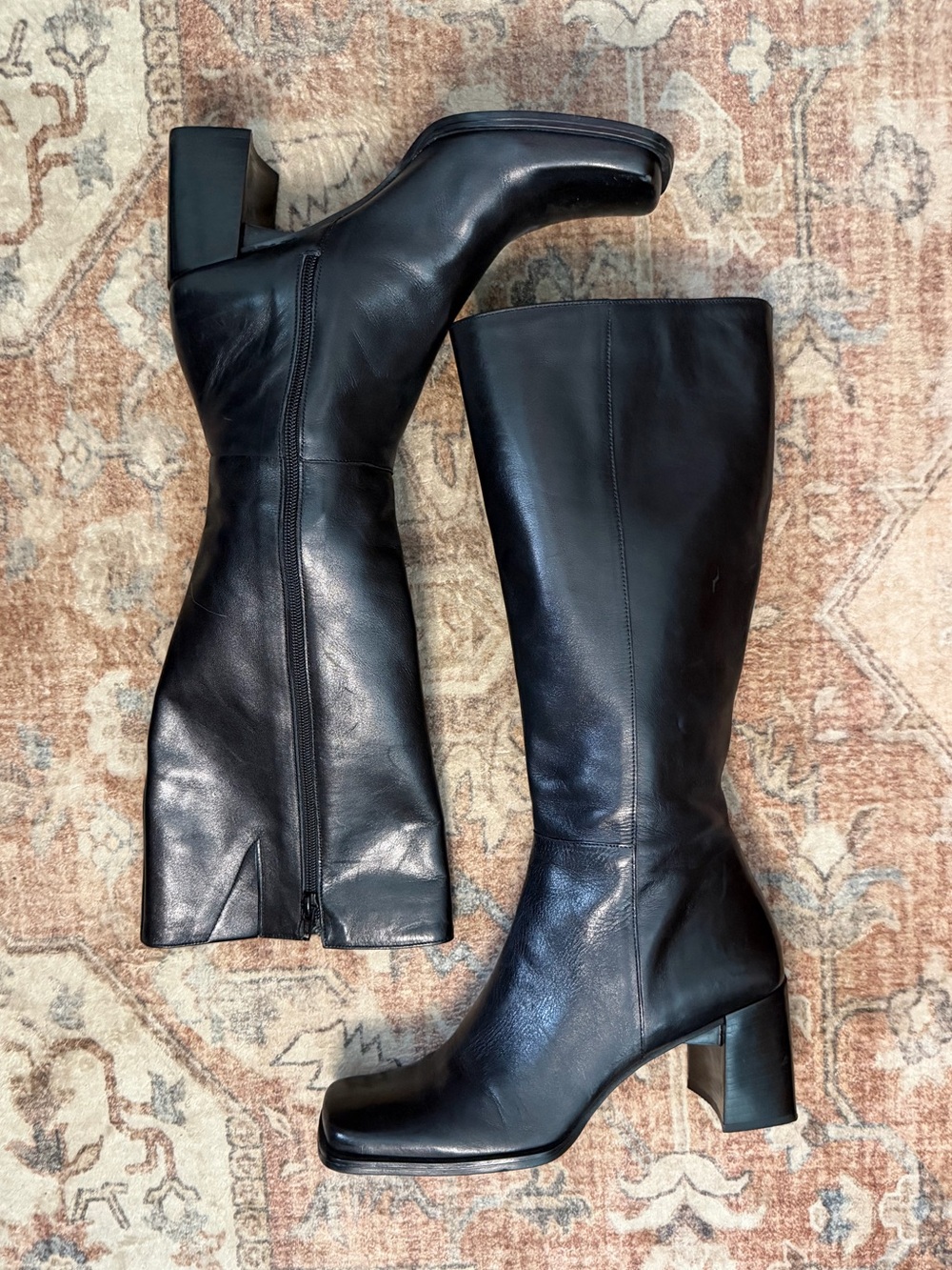 Nine West Black Leather Knee Boots with Block Heel